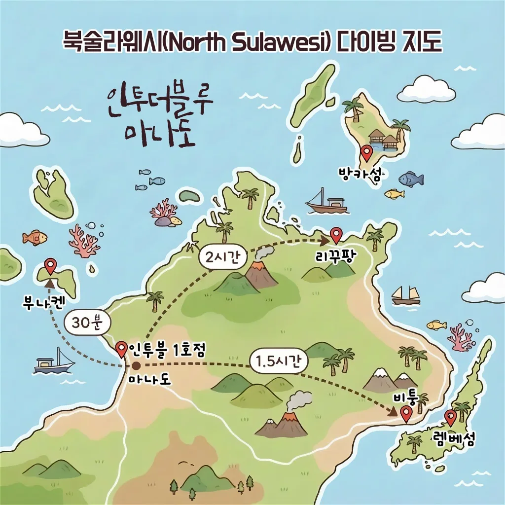 마나도 다이빙 지역 포인트 지도 (부나켄, 방카, 렘베 동선 안내)